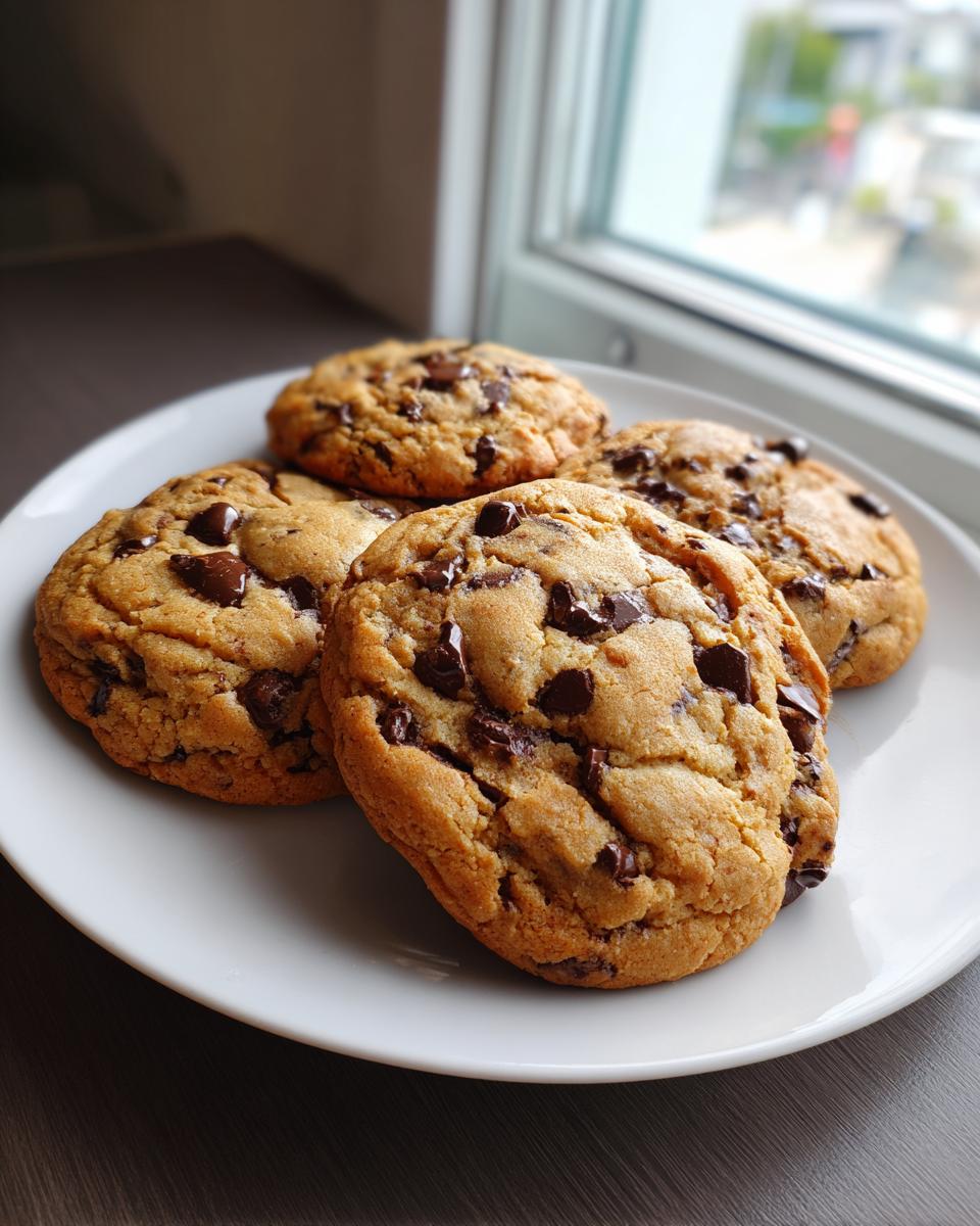 Four freshly baked brown butter chocolate chip cookies piled on a white plate near a window.