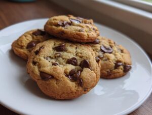 Four golden brown butter chocolate chip cookies stacked slightly on a white plate near a window.