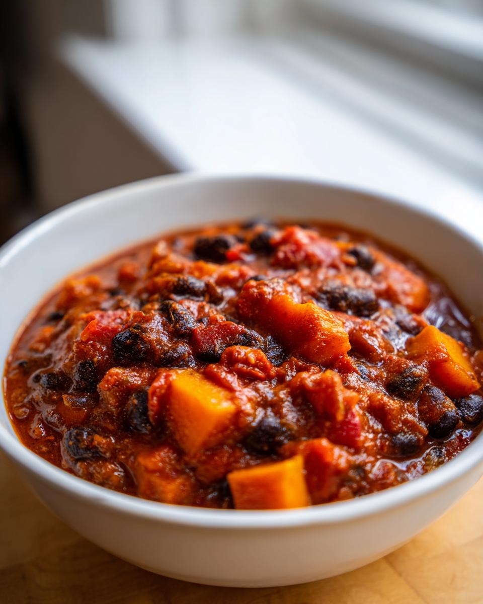 Close-up of a white bowl filled with rich, thick butternut squash chili featuring visible chunks of orange squash and black beans.