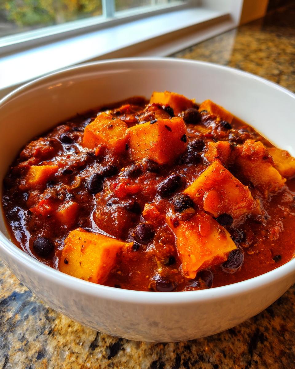 Close-up of a white bowl filled with rich, dark red butternut squash chili featuring large chunks of orange squash and black beans.