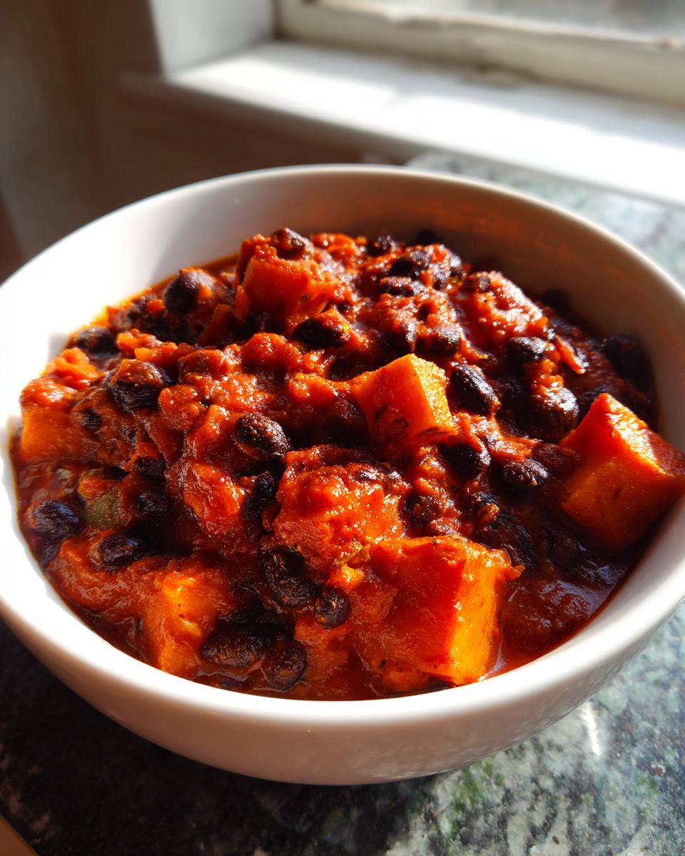 Close-up of a white bowl filled with rich, orange butternut squash chili and black beans, lit by sunlight.