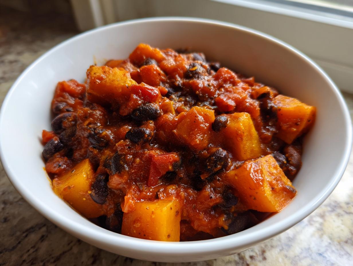 Close-up of thick, rich butternut squash chili featuring large chunks of orange squash and black beans in a white bowl.
