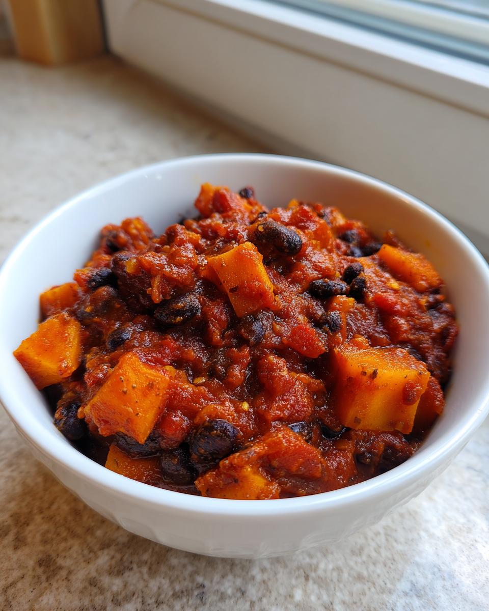 Close-up of a white bowl filled with rich, thick butternut squash chili featuring chunks of orange squash and black beans.