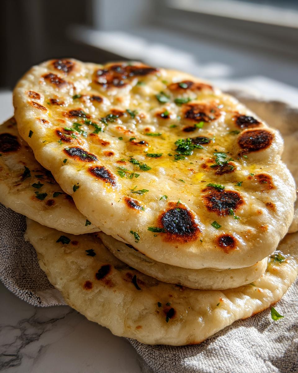 A stack of three freshly baked naan bread pieces, glistening with melted butter and topped with chopped green herbs.