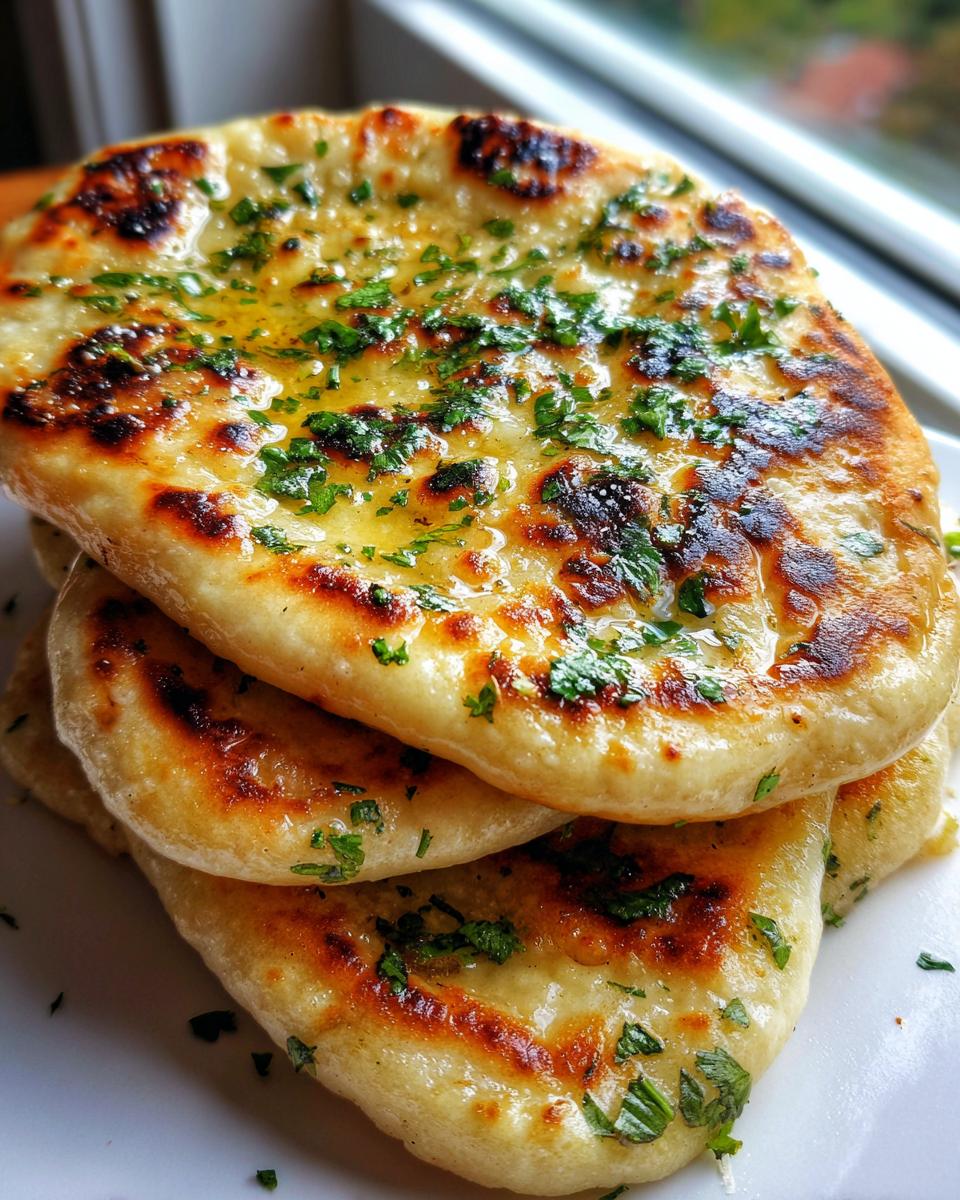 A stack of three freshly cooked, golden-brown naan bread pieces brushed with melted butter and topped with chopped green herbs.