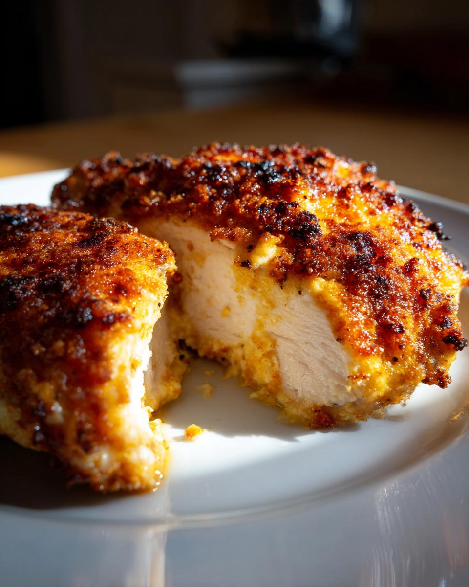 Close-up of a juicy caesar chicken breast cut in half showing the white interior and crispy, seasoned crust.