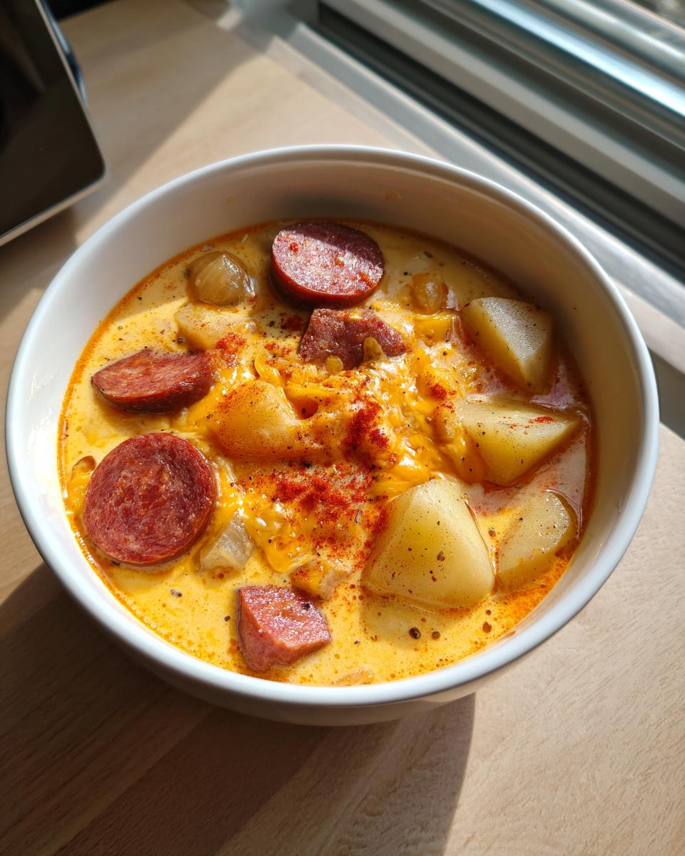 Close-up of a white bowl filled with creamy Cajun potato soup, featuring chunks of potato, smoked sausage slices, and melted cheese.