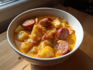 Close-up of a white bowl filled with creamy Cajun potato soup, featuring chunks of potato and sliced smoked sausage.