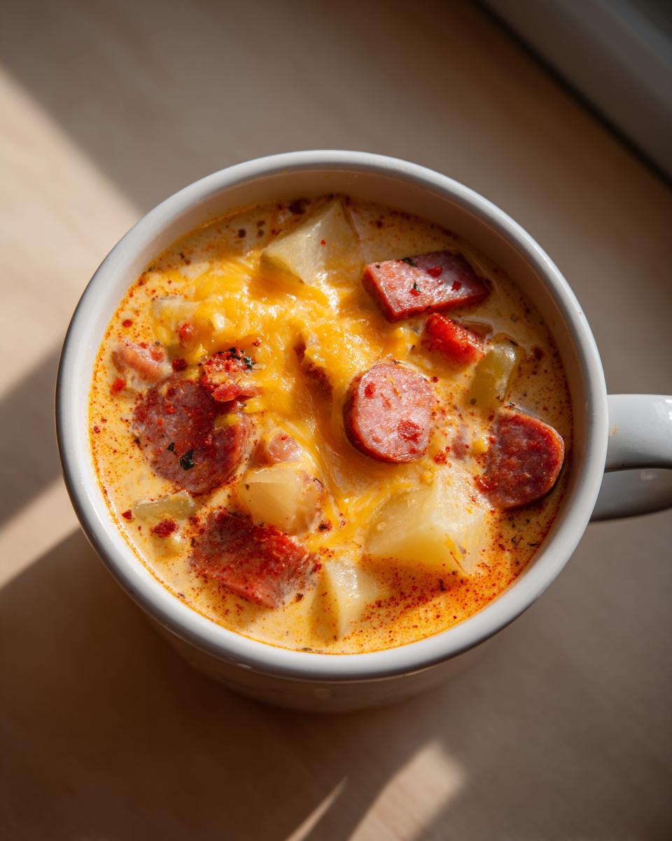 Overhead view of a creamy bowl of cajun potato soup topped with melted cheddar cheese and sliced smoked sausage.