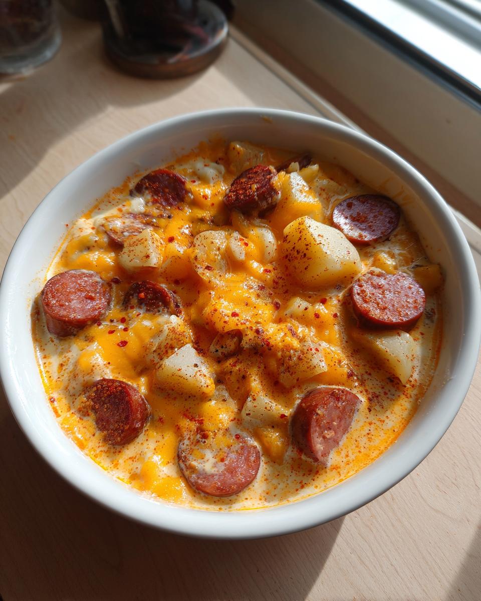 A close-up of a white bowl filled with creamy cajun potato soup topped with melted cheddar cheese, sliced sausage, and paprika.