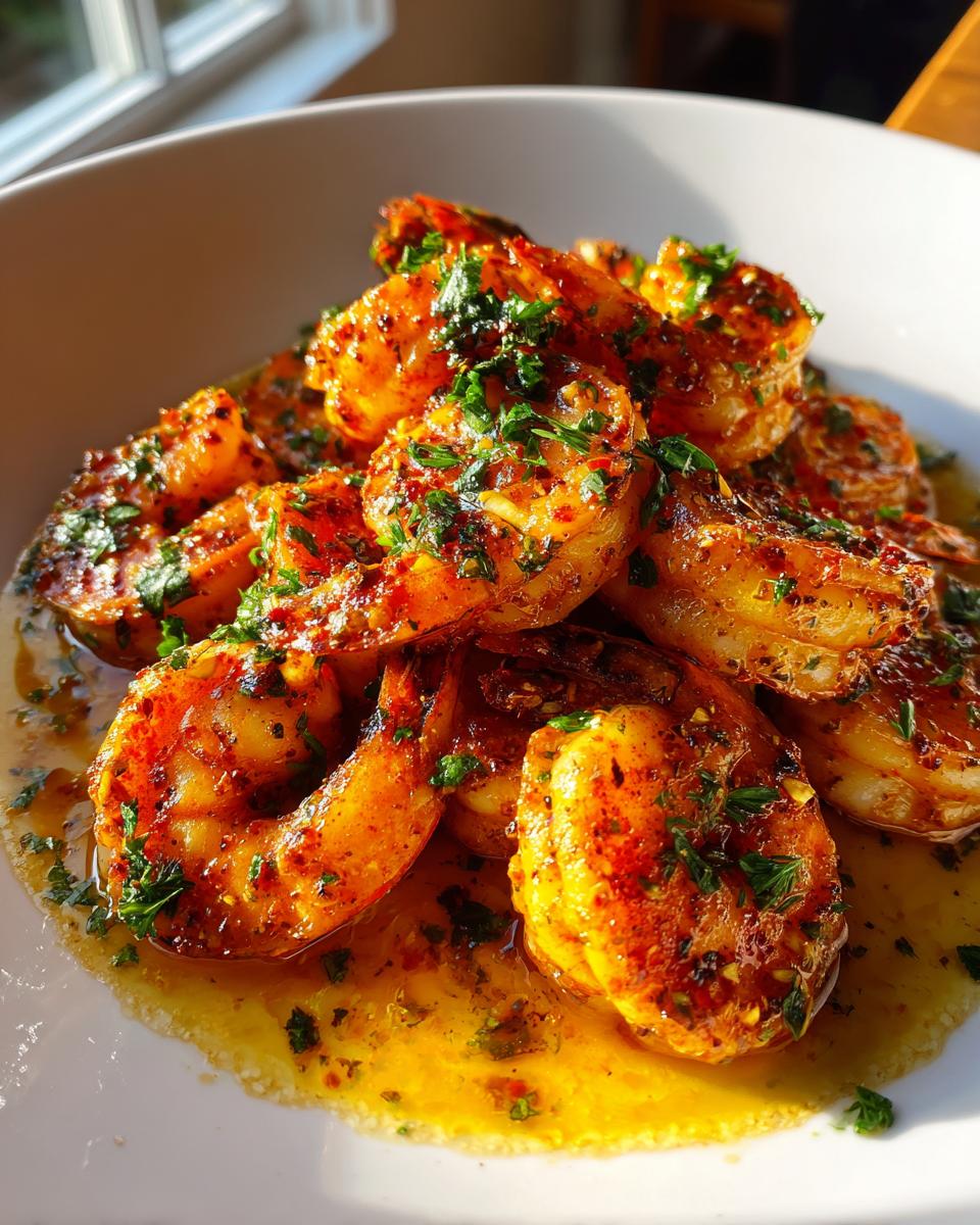 Close-up of plump, orange Cajun shrimp coated in spices and resting in a pool of buttery sauce, garnished with fresh parsley.