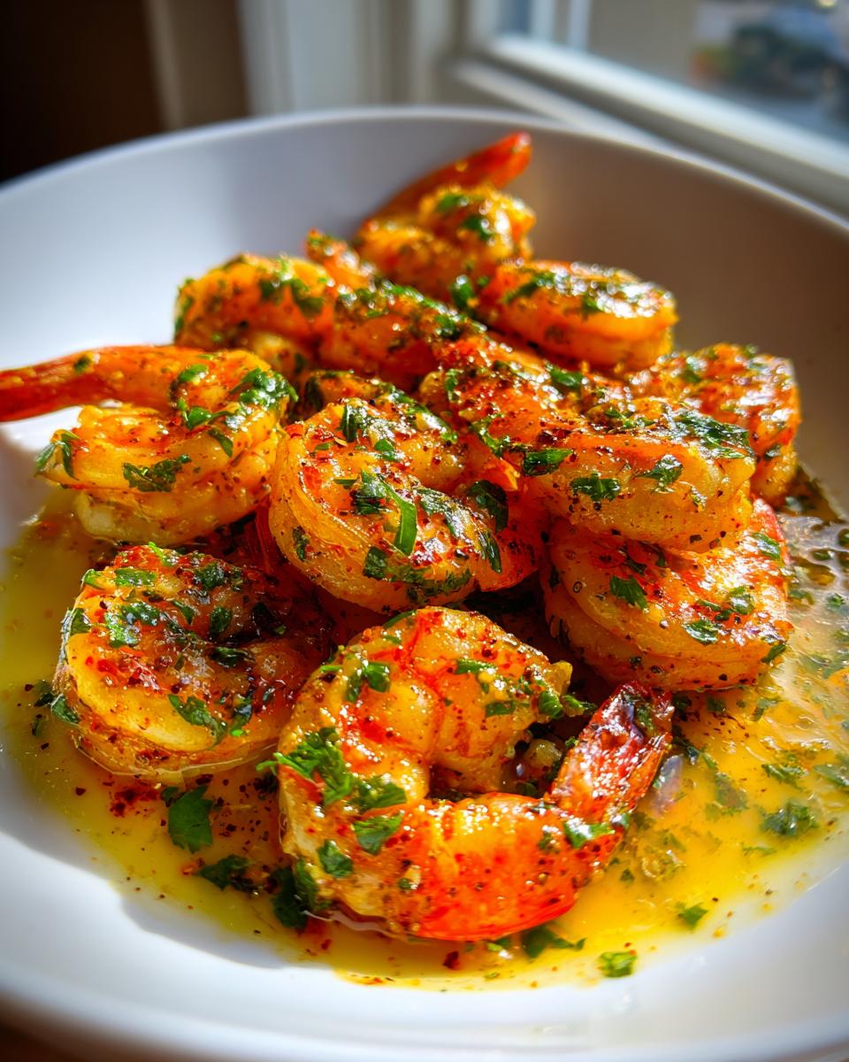 Close-up of plump, orange Cajun shrimp coated in spices and fresh parsley, sitting in a pool of melted butter sauce.