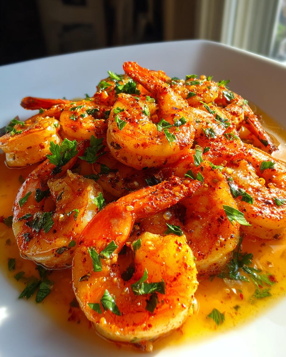 Close-up of bright orange Cajun shrimp coated in spices and swimming in a buttery sauce, garnished with parsley.