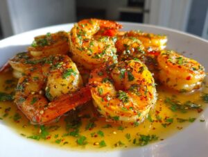 Close-up of perfectly cooked Cajun shrimp swimming in a rich, buttery sauce topped with fresh parsley.