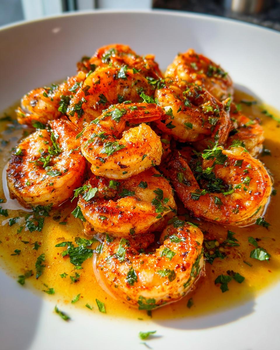 Close-up of juicy, seasoned Cajun shrimp swimming in a rich, buttery sauce and garnished with fresh parsley.