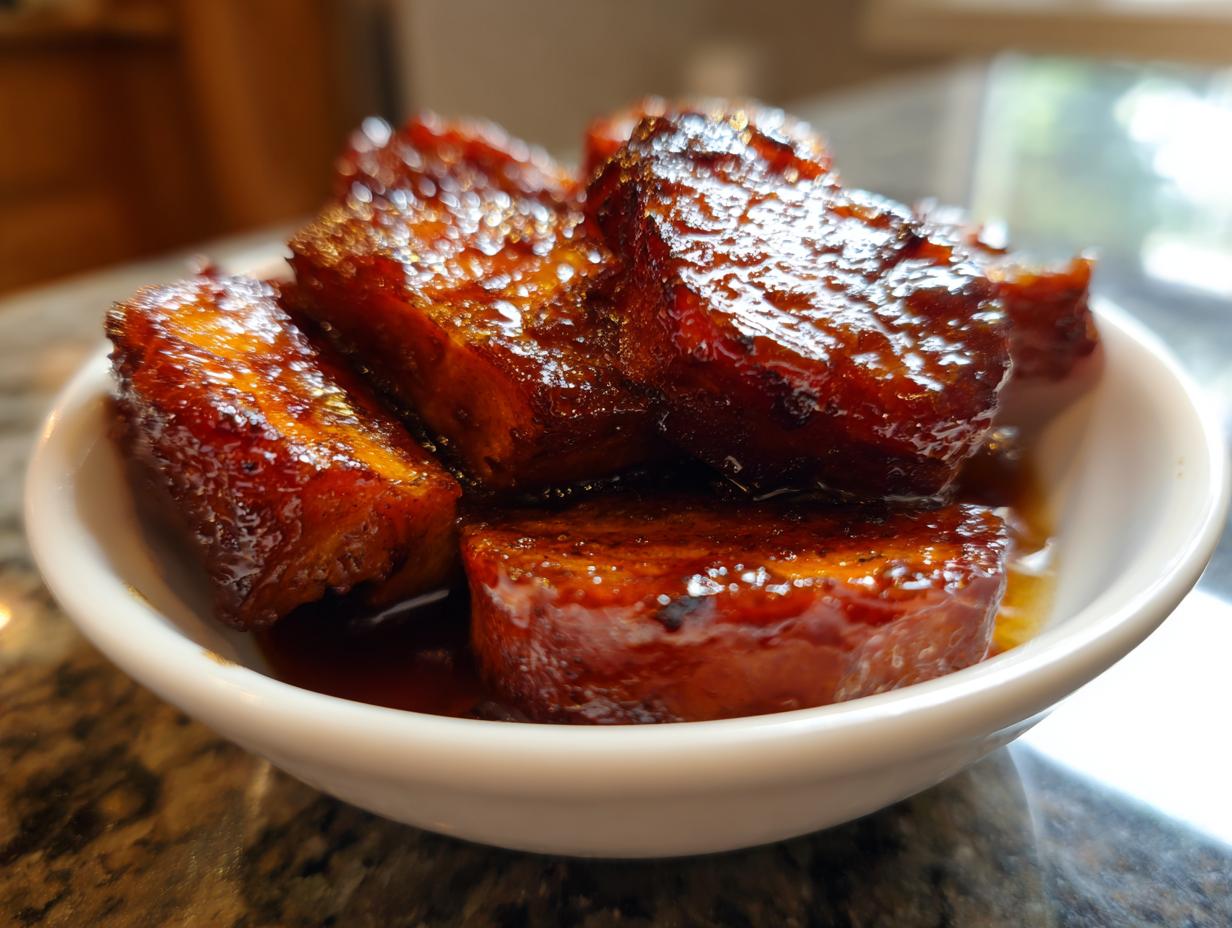 Close-up of thick-cut candied sweet potatoes covered in a rich, dark glaze, served in a small white bowl.