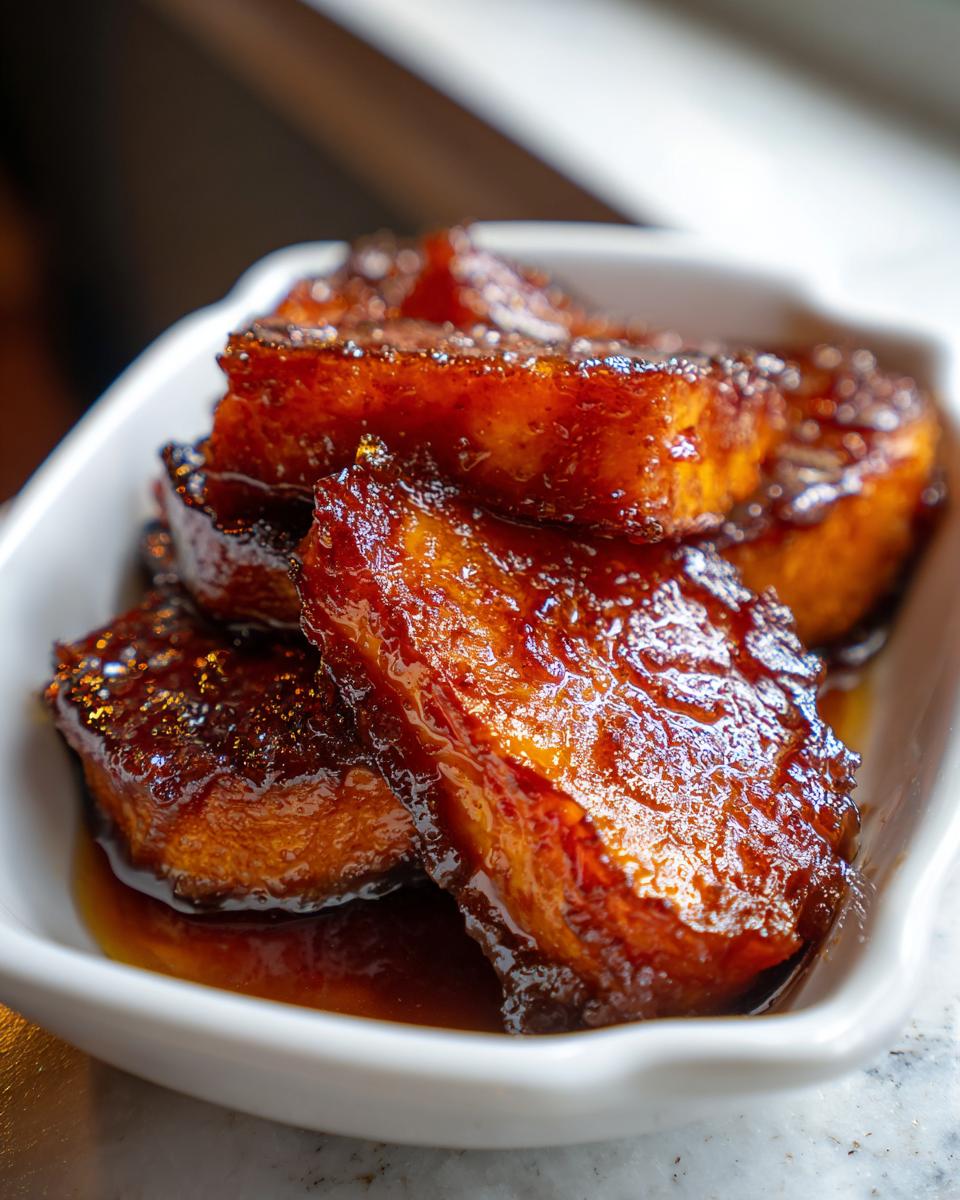 Close-up of thick slices of candied sweet potatoes glistening with a dark, rich glaze served in a white dish.