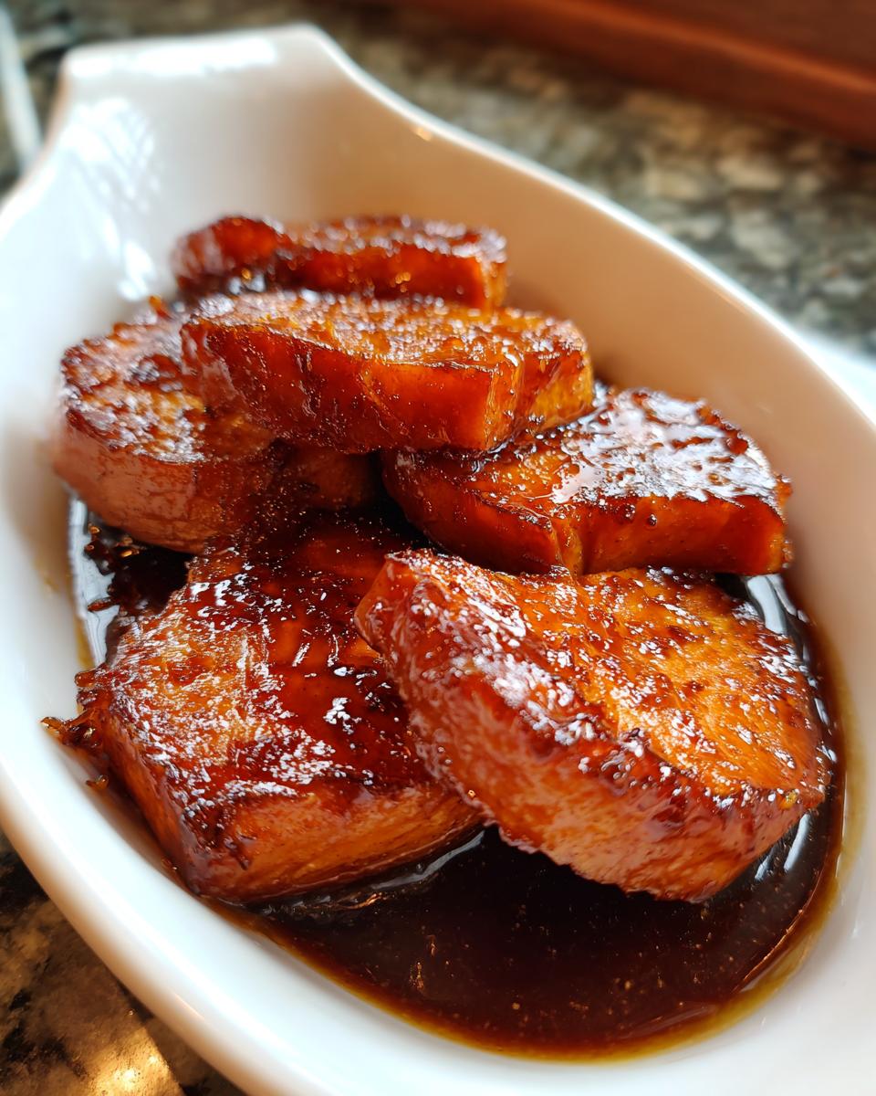 Thick slices of glossy, caramelized candied sweet potatoes swimming in a rich brown syrup.
