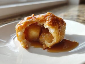 A warm, golden-brown apple dumpling cut open to show soft apple pieces and rich caramel sauce.