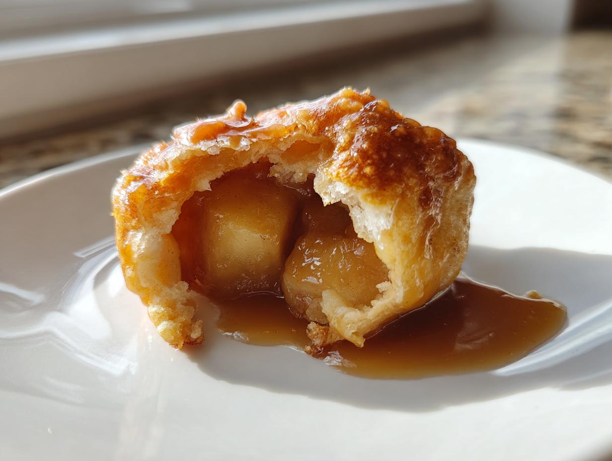 A warm, golden-brown apple dumpling cut open to show soft apple pieces and rich caramel sauce.