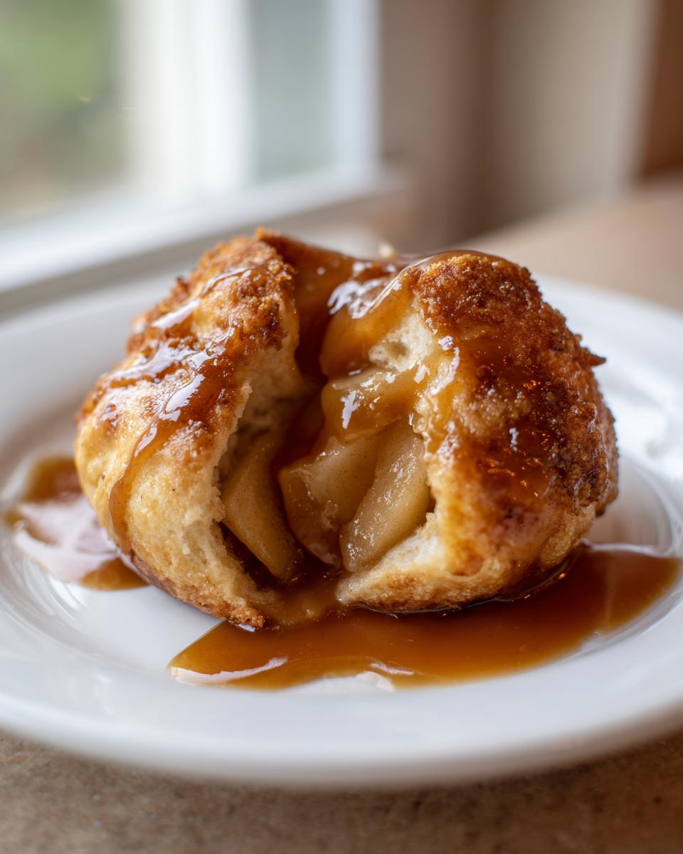 A warm, baked apple dumpling split open to show the spiced apple filling, drizzled with caramel sauce.