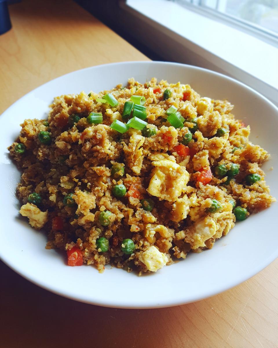 A white bowl filled with healthy cauliflower fried rice, mixed with peas, scrambled egg, and topped with green onions.