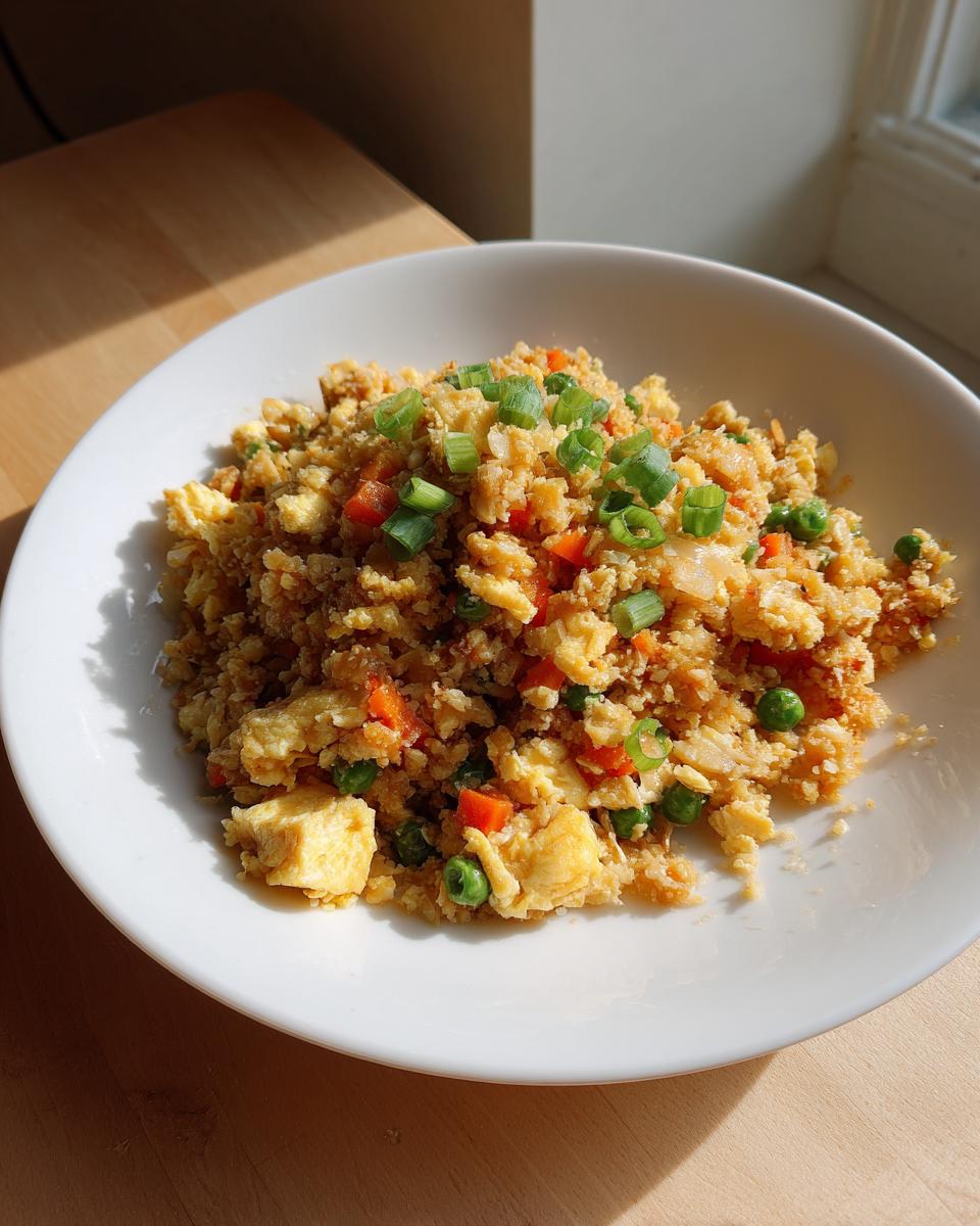 A white bowl filled with vibrant cauliflower fried rice, featuring scrambled egg, carrots, peas, and topped with fresh green onions.