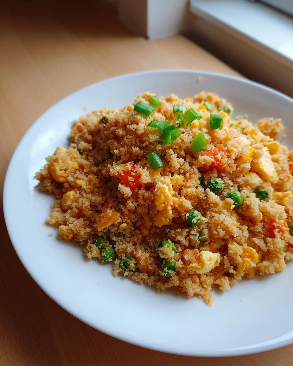 A plate of freshly made cauliflower fried rice mixed with peas, carrots, and scrambled egg, topped with green onions.
