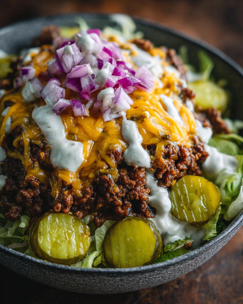 A close-up of a cheeseburger bowl featuring seasoned ground beef, melted cheddar, white sauce, diced red onion, and pickle chips.