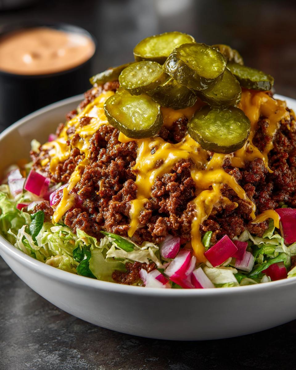 A close-up of a cheeseburger bowl featuring seasoned ground beef, melted cheese, lettuce, red onion, and dill pickle chips.
