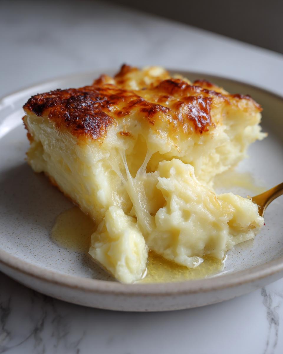 A square serving of baked mashed potatoes with a golden, browned cheese crust being lifted by a fork, showing a dramatic cheese pull.