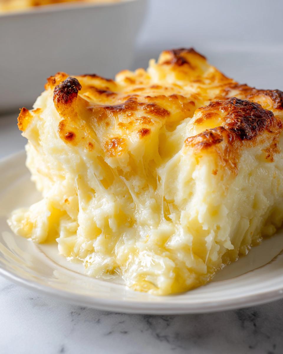 Close-up of a serving of baked mashed potatoes with a golden-brown, cheesy crust and gooey, stringy interior.