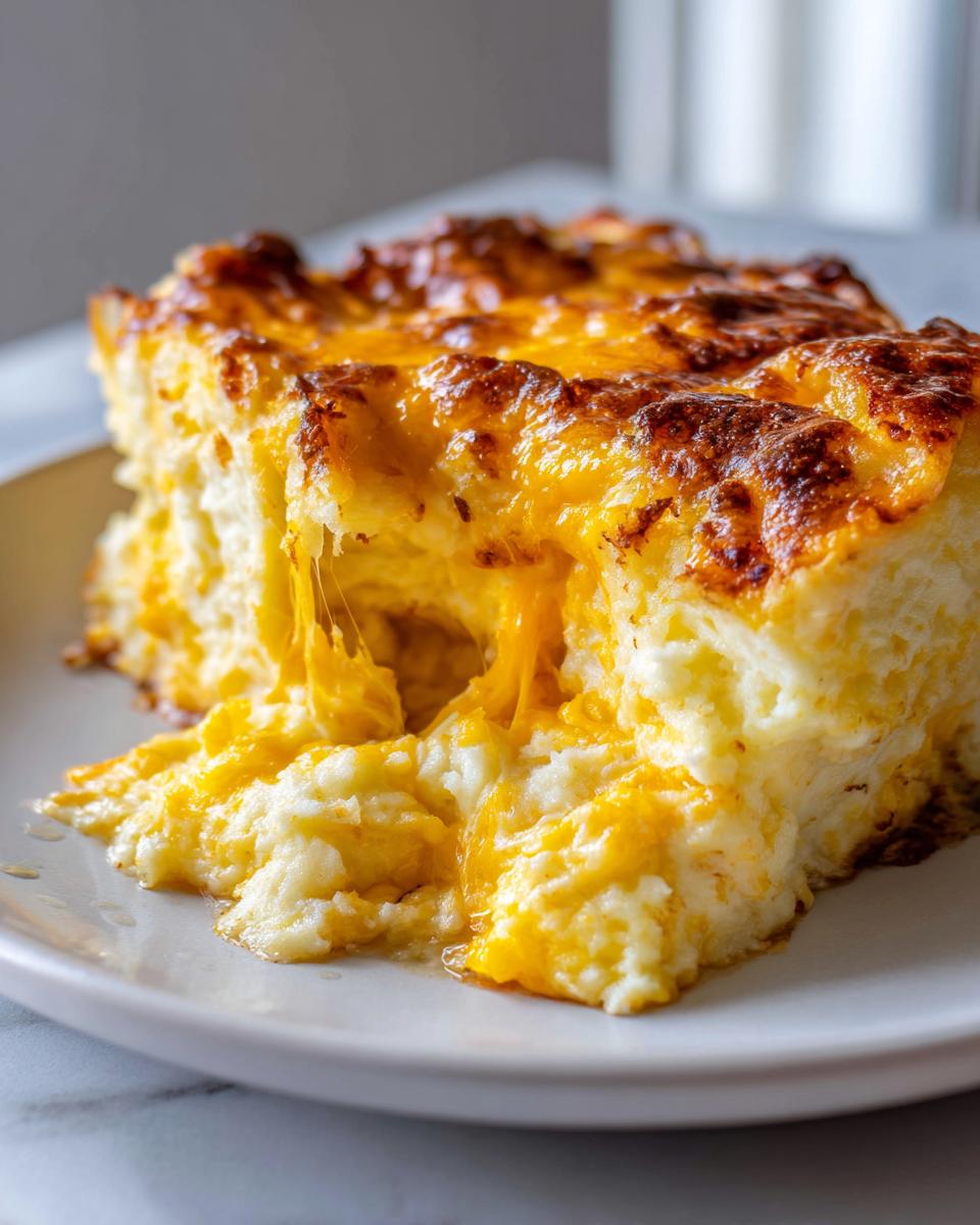 A serving of cheesy baked mashed potatoes showing a dramatic cheese pull from the golden brown topping.