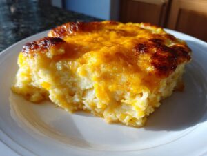 A golden-brown slice of cheesy baked mashed potatoes with a crispy top, served on a white plate.
