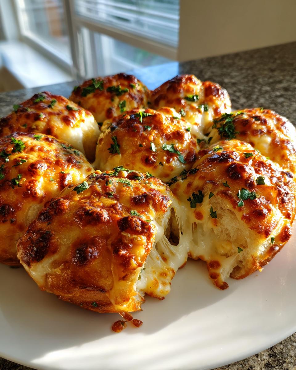 Close-up of cheesy Hawaiian roll garlic bread with melted cheese stretching as one roll is pulled away.