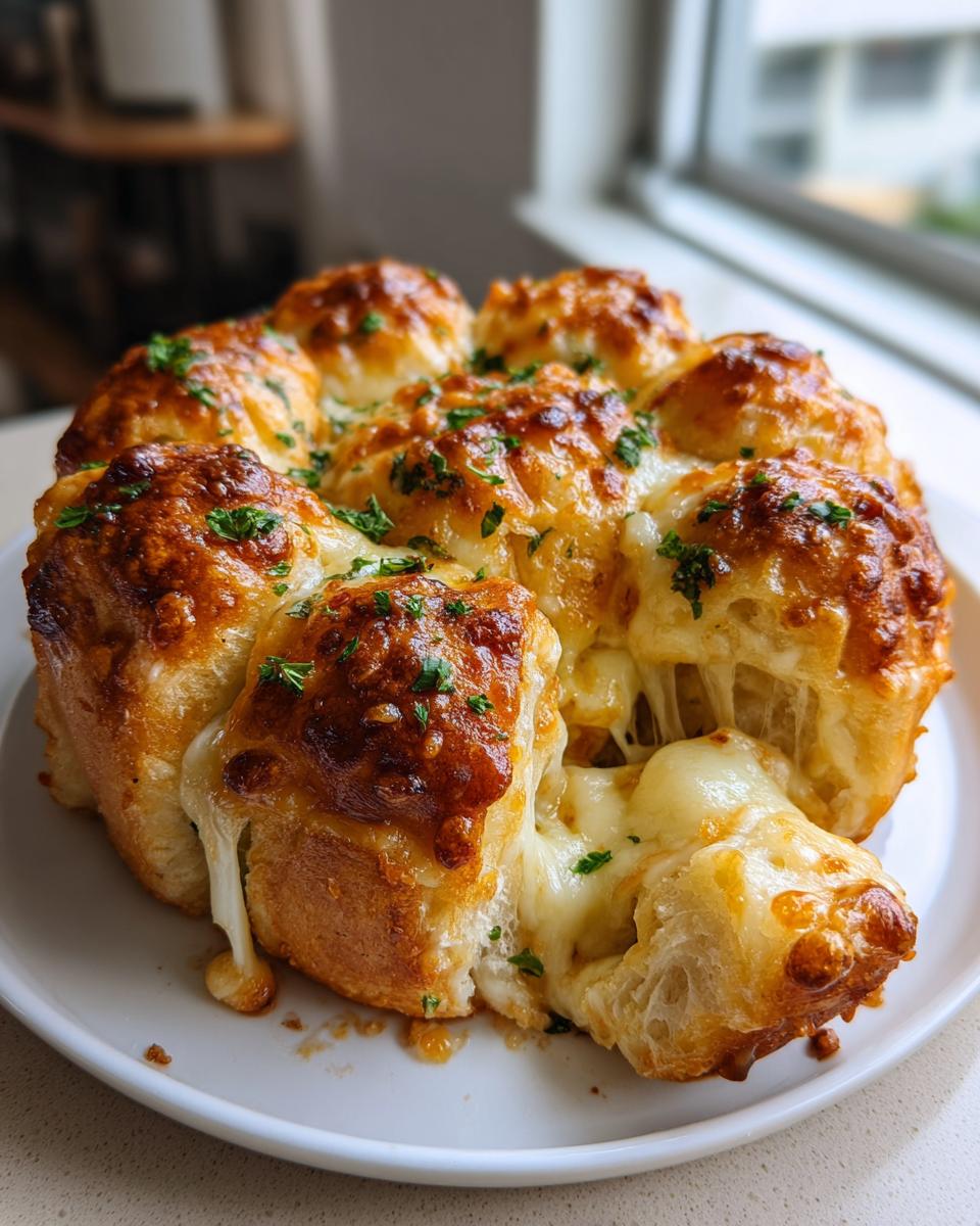 Close-up of cheesy Hawaiian roll garlic bread, showing melted cheese stretching as a roll is pulled apart.