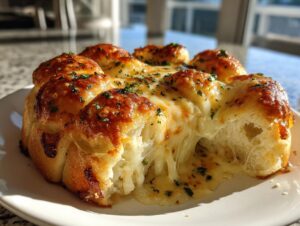 Close-up of cheesy Hawaiian roll garlic bread with melted cheese pulling apart, sprinkled with parsley.