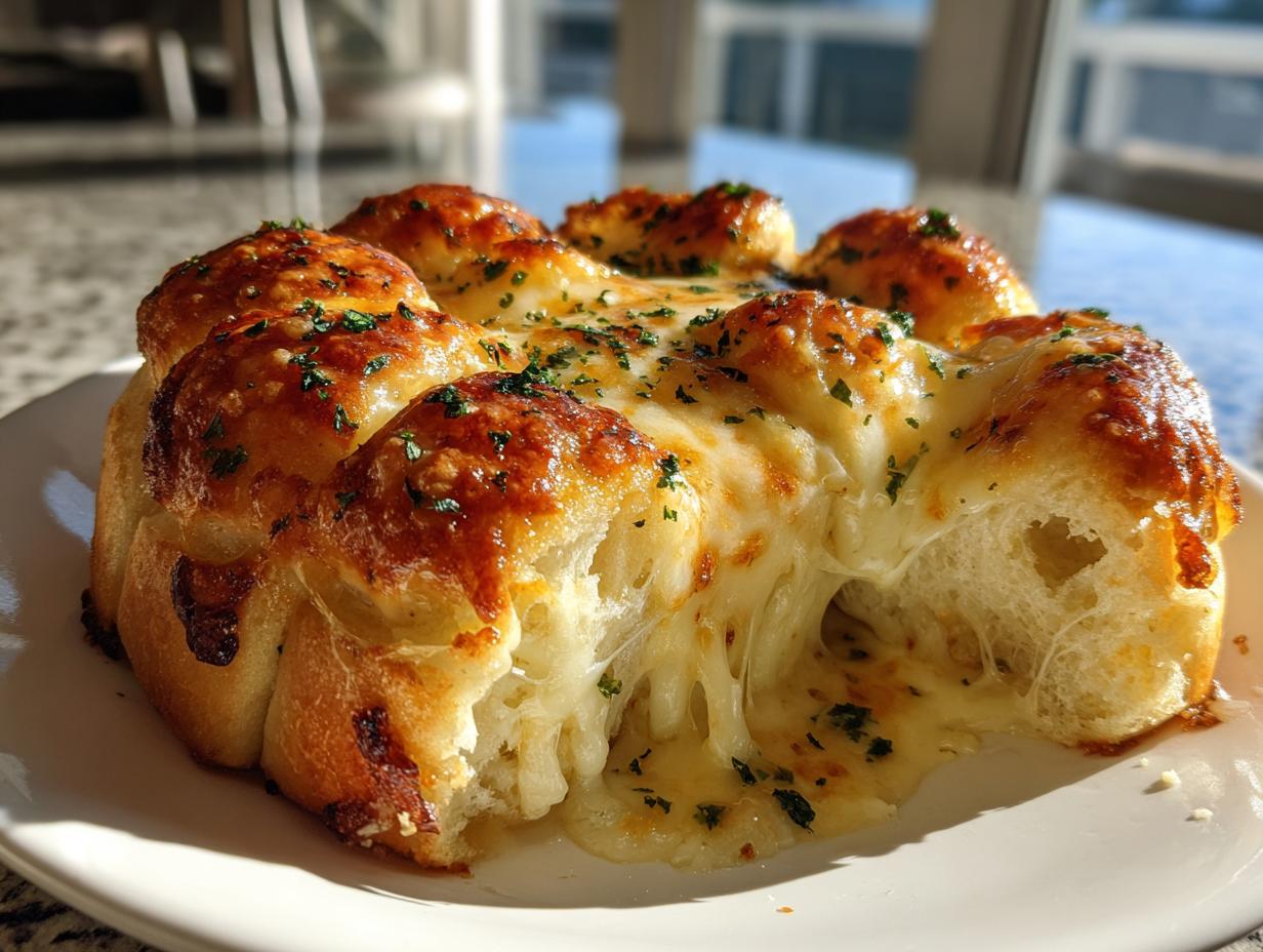 Close-up of cheesy Hawaiian roll garlic bread with melted cheese pulling apart, sprinkled with parsley.