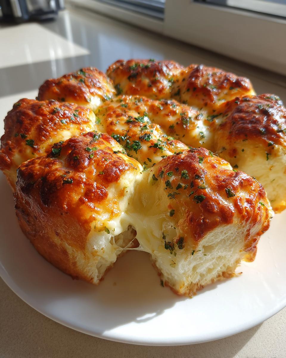 Close-up of cheesy Hawaiian roll garlic bread with melted cheese stretching as a piece is pulled away.