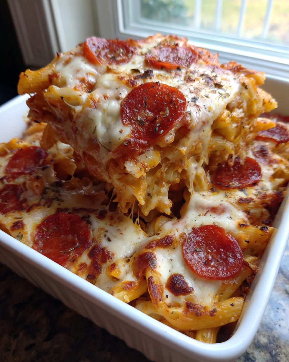 A serving of baked pizza pasta being lifted from a white dish, showing melted cheese and pepperoni.