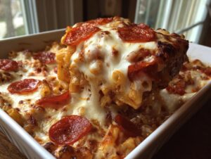 A serving of baked pizza pasta casserole being lifted out, showing melted cheese and pepperoni slices.