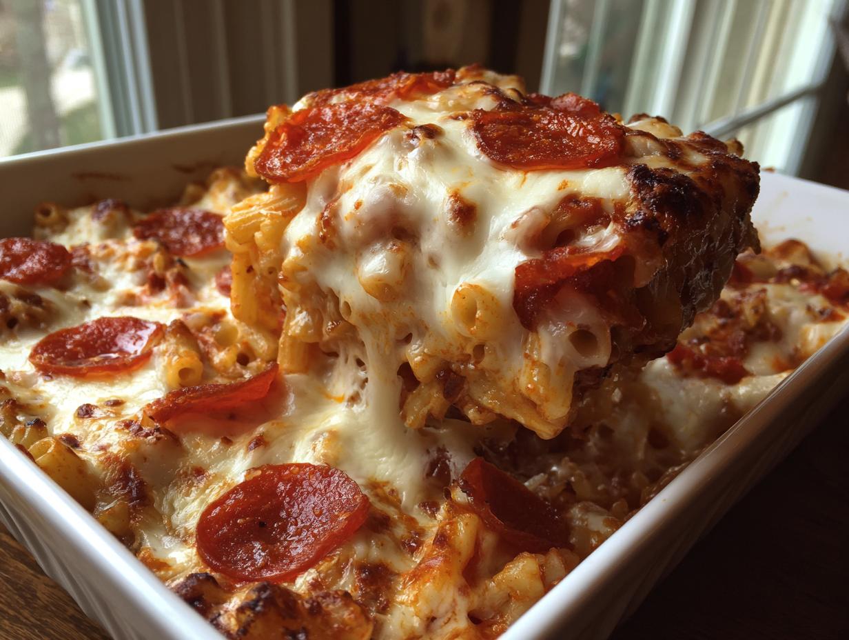 A serving of baked pizza pasta casserole being lifted out, showing melted cheese and pepperoni slices.