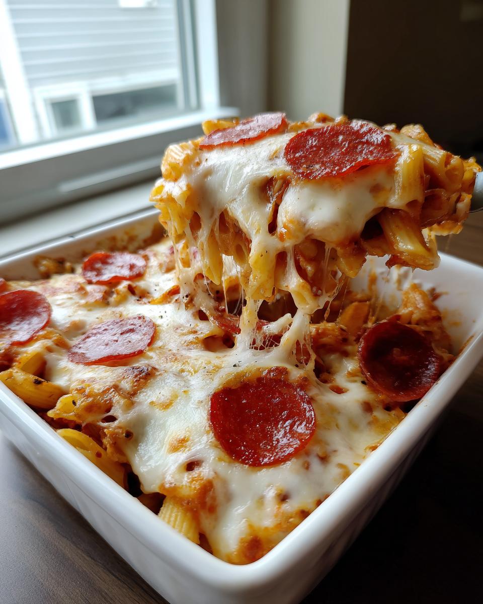 A serving spoon lifts a cheesy, saucy portion of pepperoni pizza pasta from a white baking dish.