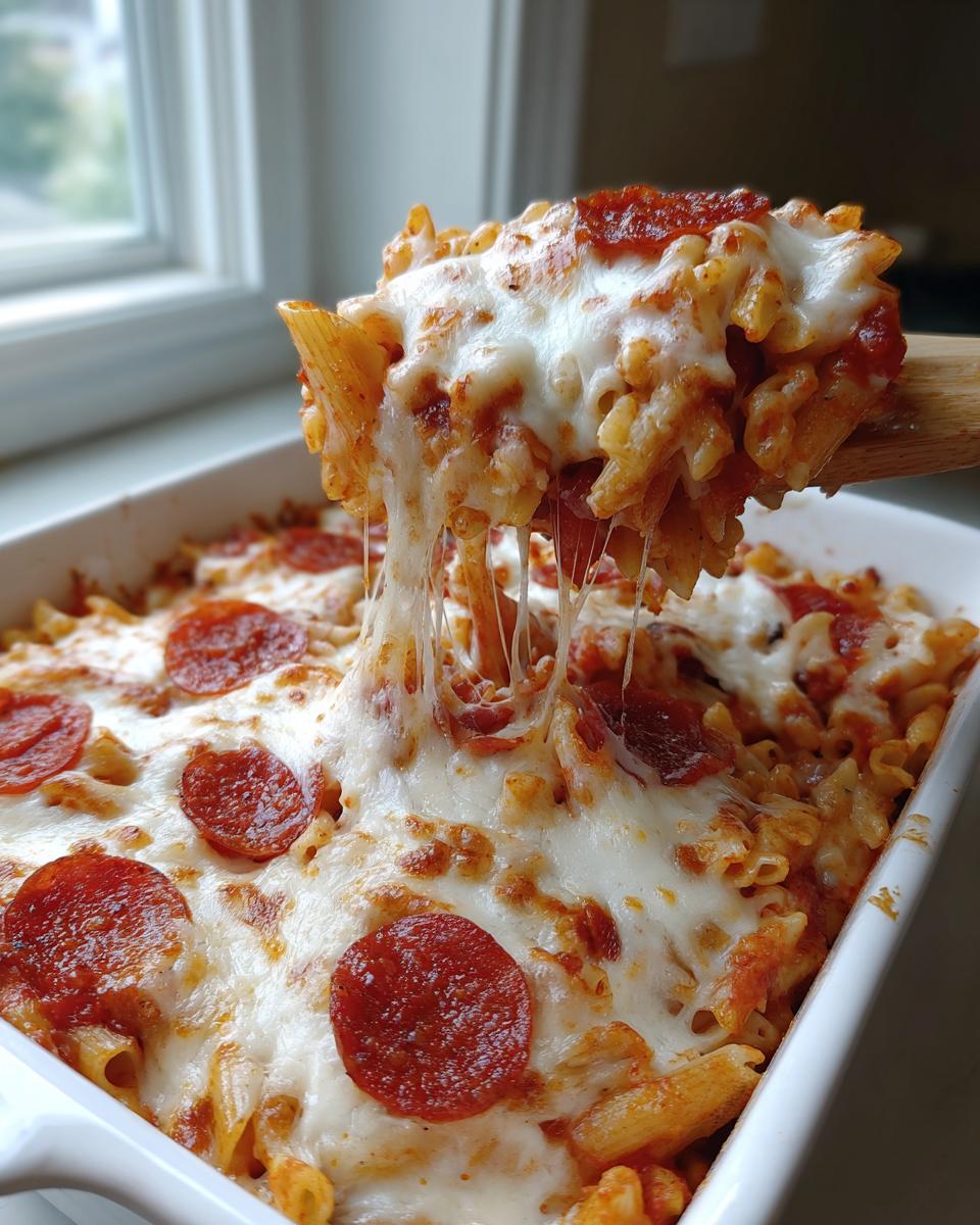 A wooden spoon lifts a serving of cheesy pizza pasta, showing extreme cheese pull over a baked casserole dish.