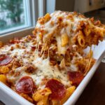 A serving spoon lifts a cheesy, saucy portion of pizza pasta, showing extreme cheese pull over the baked dish.