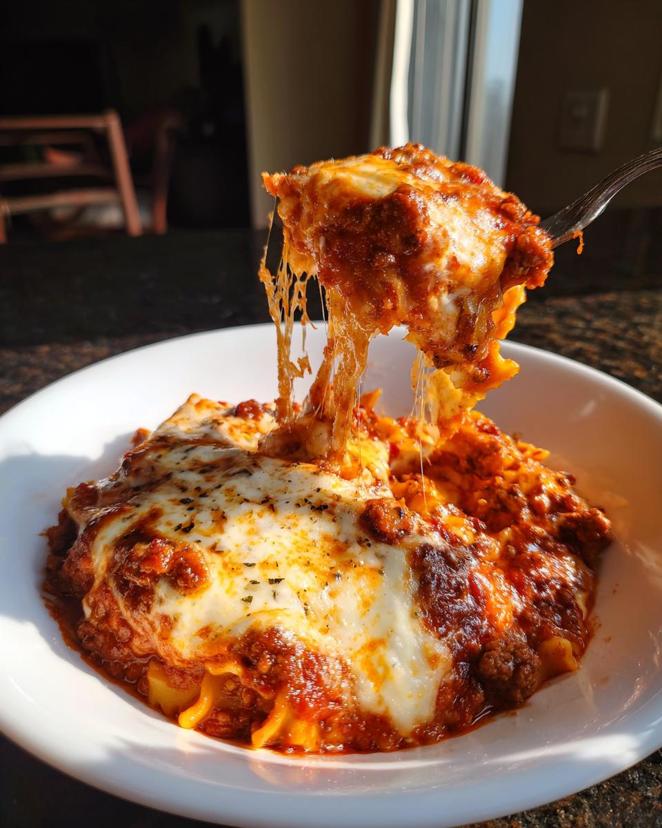 A fork lifts a cheesy, saucy portion of skillet lasagna, showing dramatic cheese pulls over a white bowl.