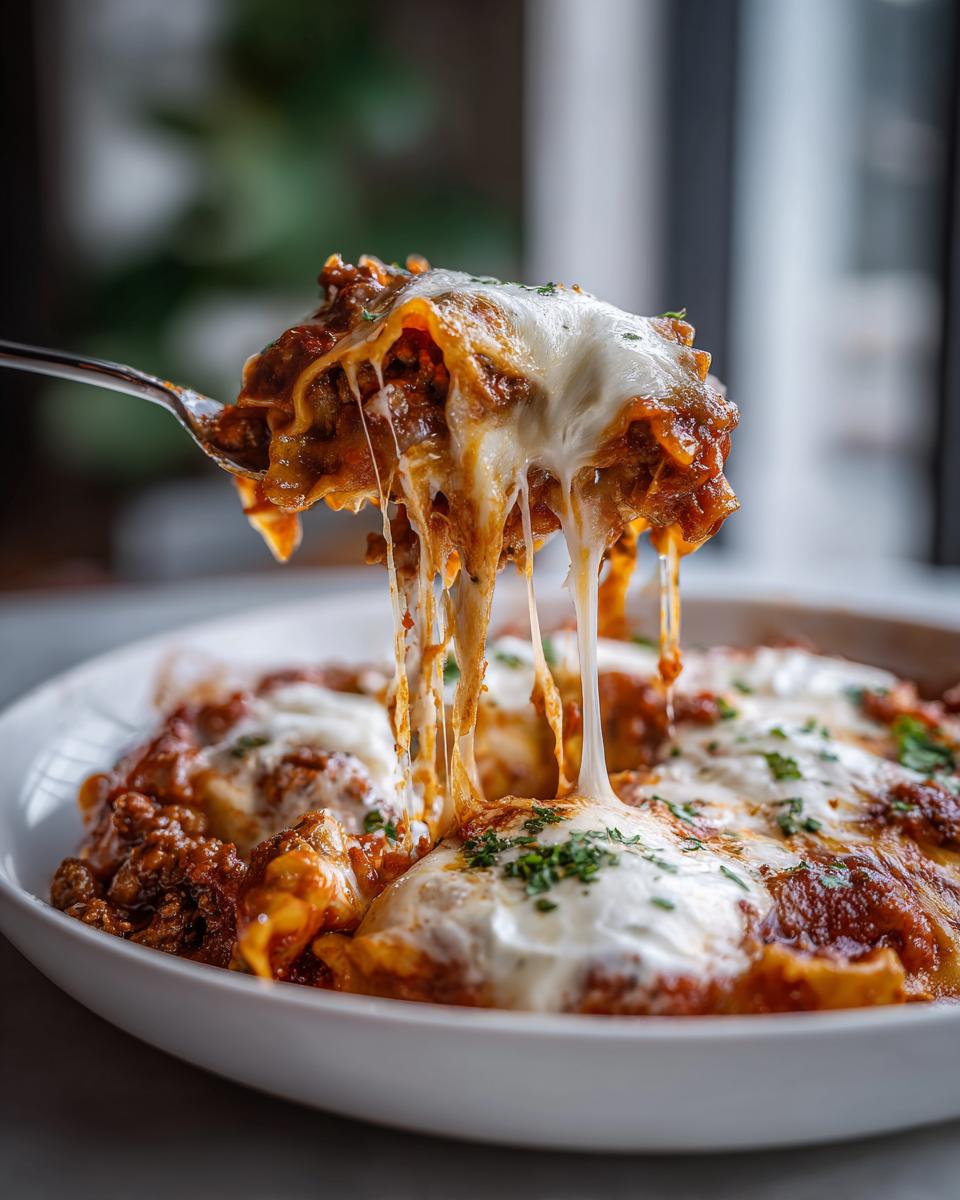 A spoonful of rich skillet lasagna lifted from the bowl showing extreme cheese pull and meat sauce.