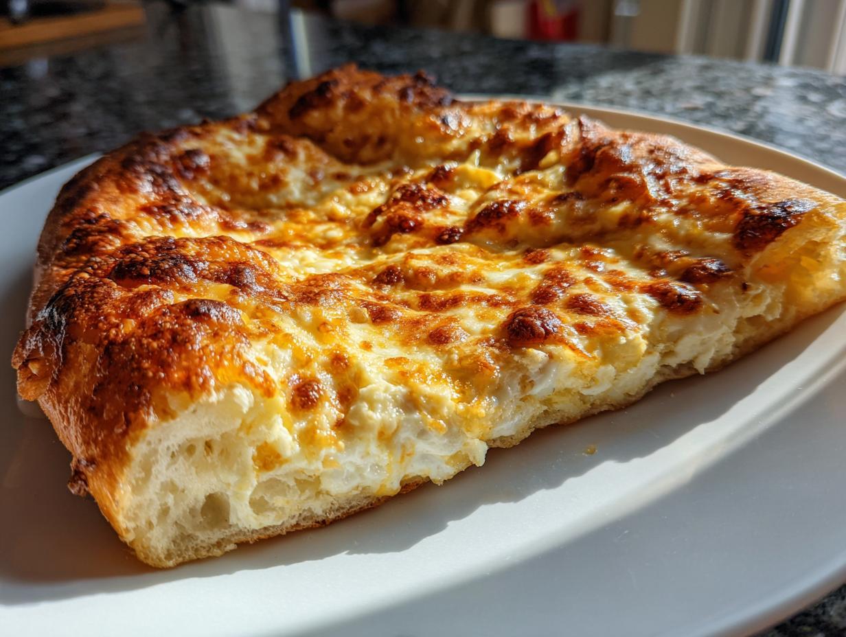 A thick slice of homemade white pizza, featuring a bubbly, golden-brown cheese topping over a fluffy crust.