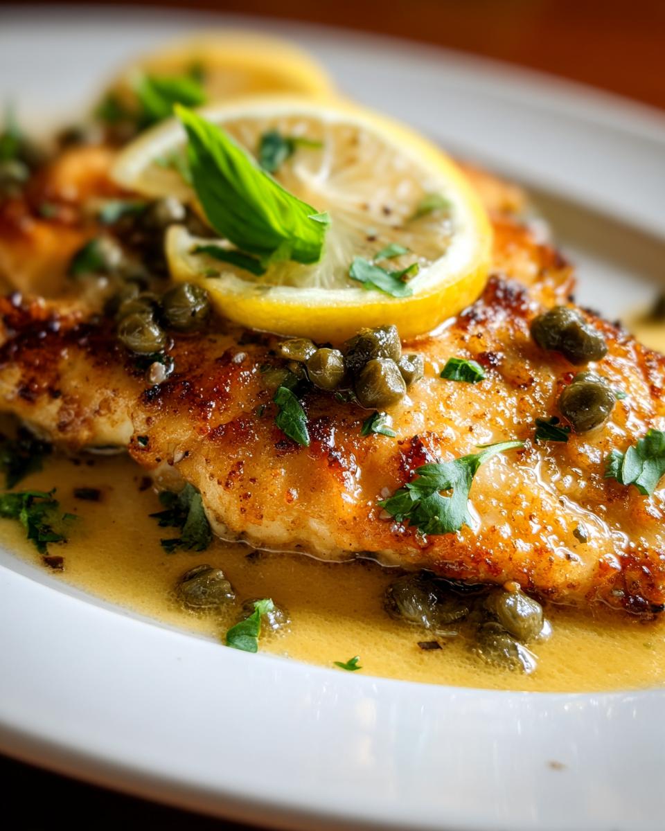 Close-up of a perfectly cooked chicken piccata fillet in a bright lemon-butter sauce with capers.