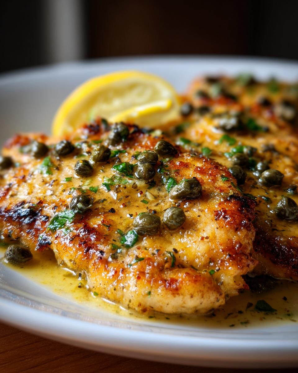 Close-up of golden-brown chicken piccata fillets swimming in lemon butter sauce, topped with capers and parsley, garnished with a lemon slice.